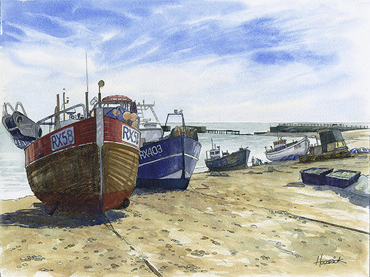 Original watercolour of Hastings Stade by Hastings artist Jon 'Huldrick' Wilhelm.
