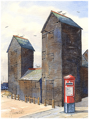 Original watercolour of Hastings Stade by Hastings artist Jon 'Huldrick' Wilhelm.