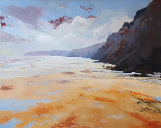 Original oil painting of Perranporth Beach by Hastings artist Jon 'Huldrick' Wilhelm.